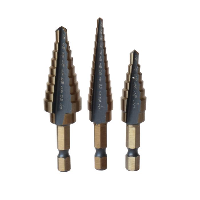 3-Piece HSS Hex Shank Step Drill Bit, Black and Gold (Sizes #1 - #3) by Drill America, engineered for performance and durability in demanding applications.