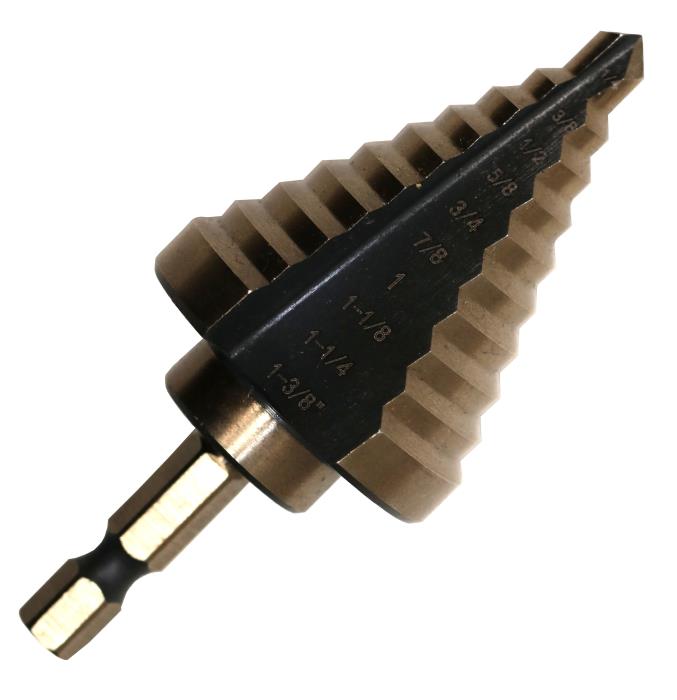 #5 HSS Hex Shank Step Drill Bit, Black and Gold (1/4" - 1-3/8" x 8ths) by Drill America, engineered for performance and durability in demanding applications.