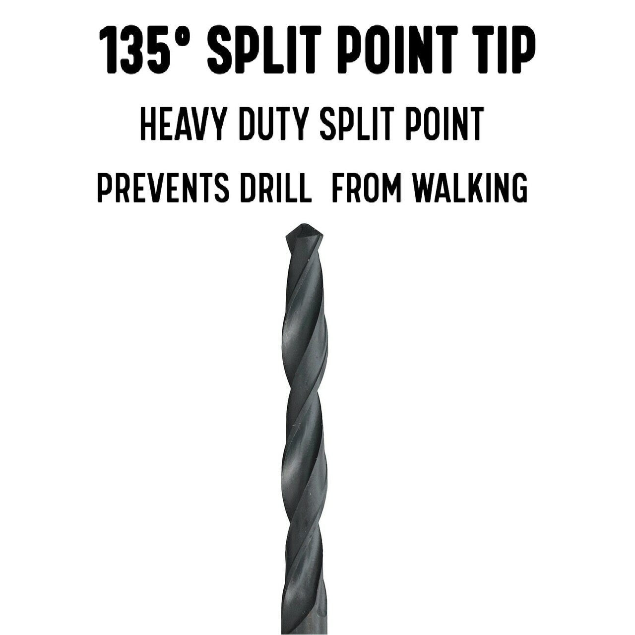 Drill bit with text highlighting '135° Split Point Tip' and 'Heavy Duty Split Point'.