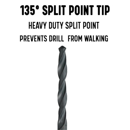 Drill bit with text highlighting '135° Split Point Tip' and 'Heavy Duty Split Point'.