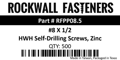 #8 X 1/2" HWH Self-Drilling Sheet Metal Screws, Zinc QTY: 500