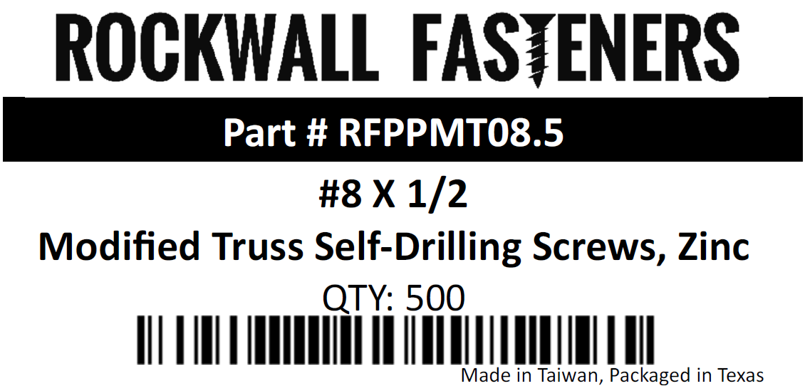 #8 X 1/2" Modified Truss Self-Drilling Sheet Metal Screws, Zinc QTY: 500