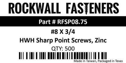 #8 X 3/4" HWH Pierce Point Screws, Zinc QTY: 500