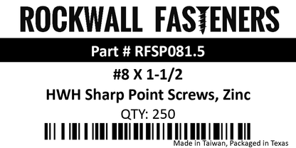 #8 X 1-1/2" HWH Pierce Point Screws, Zinc QTY: 250