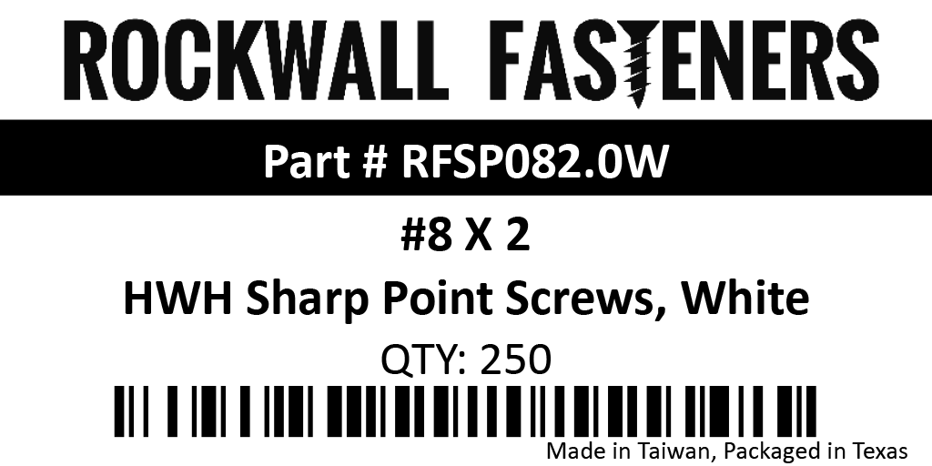 #8 X 2" HWH Pierce Point Screws, White QTY: 250