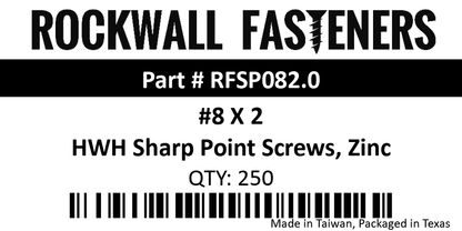 #8 X 2" HWH Pierce Point Screws, Zinc QTY: 250