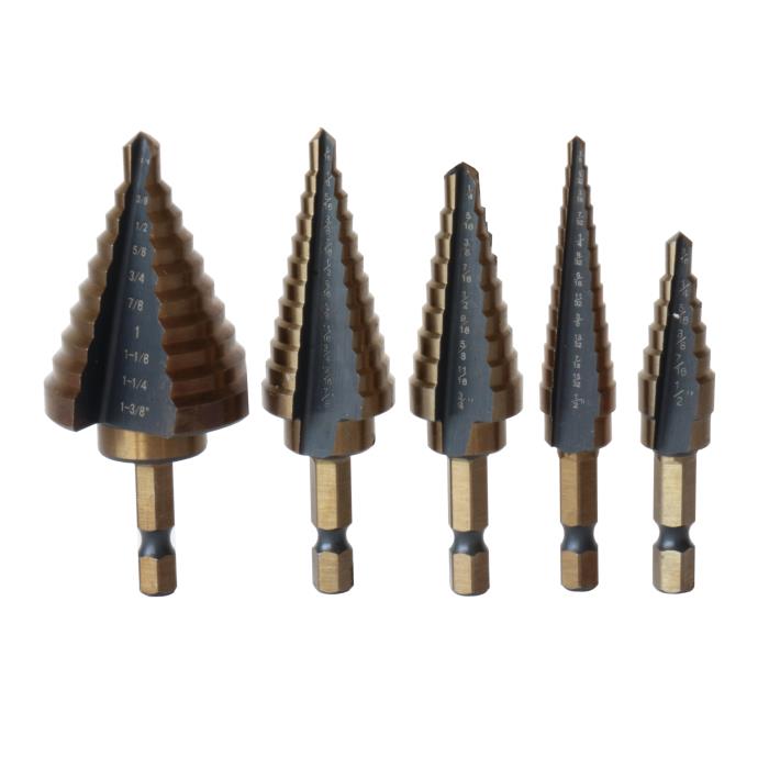 5-Piece HSS Hex Shank Step Drill Bit, Black and Gold (Sizes #1 - #5) by Drill America, engineered for performance and durability in demanding applications.