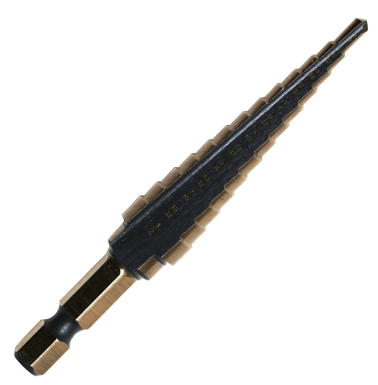 #1 HSS Hex Shank Step Drill Bit, Black and Gold (1/8" - 1/2" x 32nds) by Drill America, engineered for performance and durability in demanding applications.