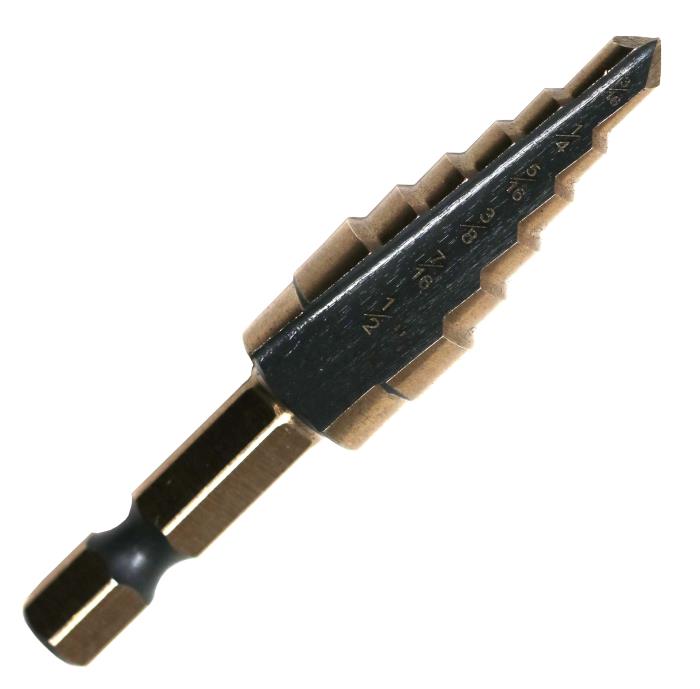 #2 HSS Hex Shank Step Drill Bit, Black and Gold (3/16" - 1/2" x 16ths) by Drill America, engineered for performance and durability in demanding applications.