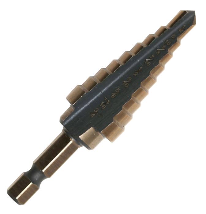 #3 HSS Hex Shank Step Drill Bit, Black and Gold (1/4" - 3/4" x 16ths) by Drill America, engineered for performance and durability in demanding applications.