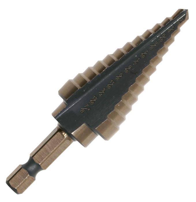 #4 HSS Hex Shank Step Drill Bit, Black and Gold (3/16" - 7/8" x 16ths) by Drill America, engineered for performance and durability in demanding applications.